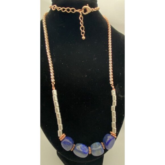 Lapis Lazuli 22" Necklace 2" Earrings Set Pearlescent Bead Clear Crystal Dangle - Picture 2 of 10